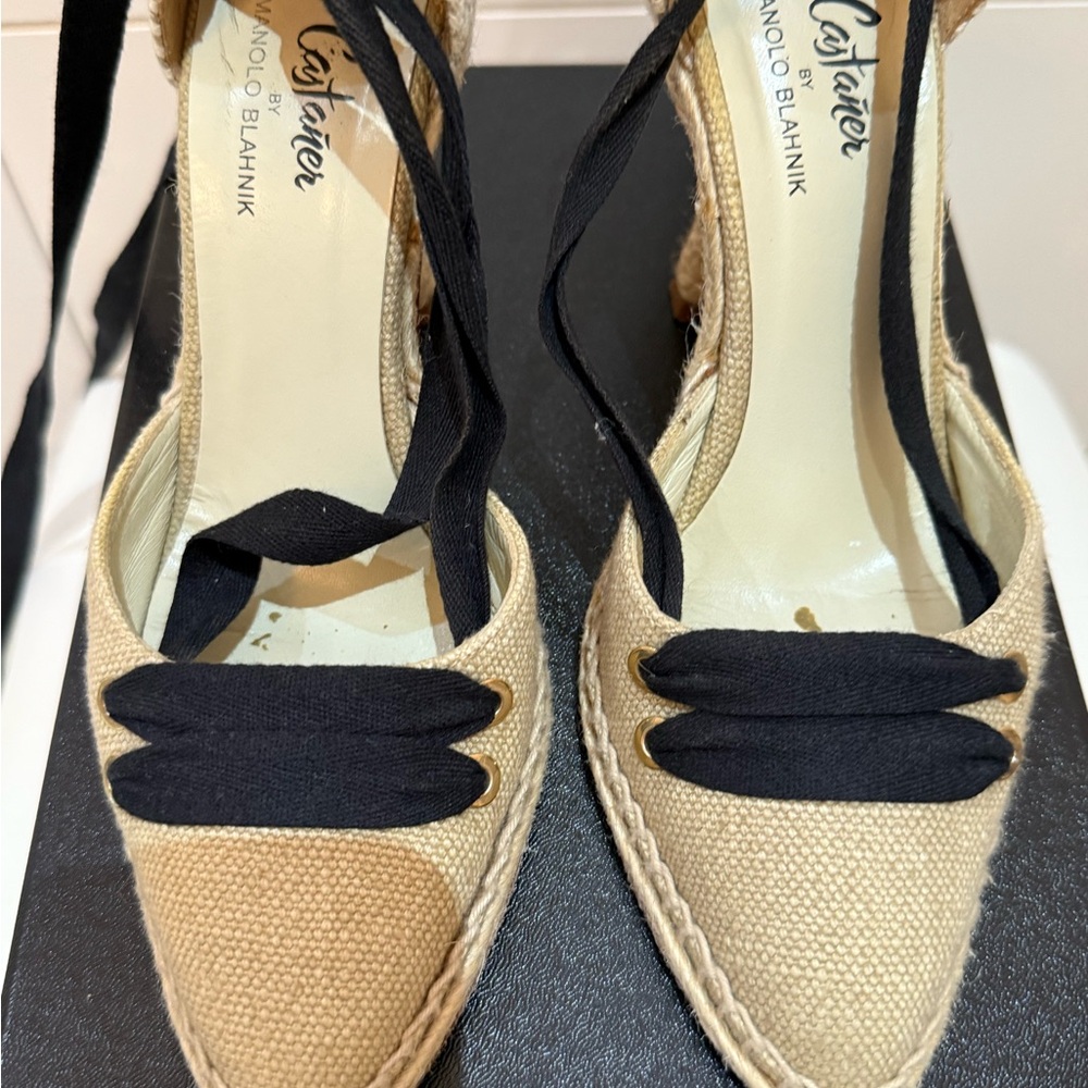 Manolo Blahnik Tan and Black Espadrilles with Double-Band Design